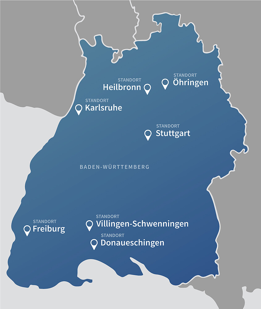 Eine Karten-Illustration von Baden-Württemberg mit allen 7 Standorten der GkB mbH